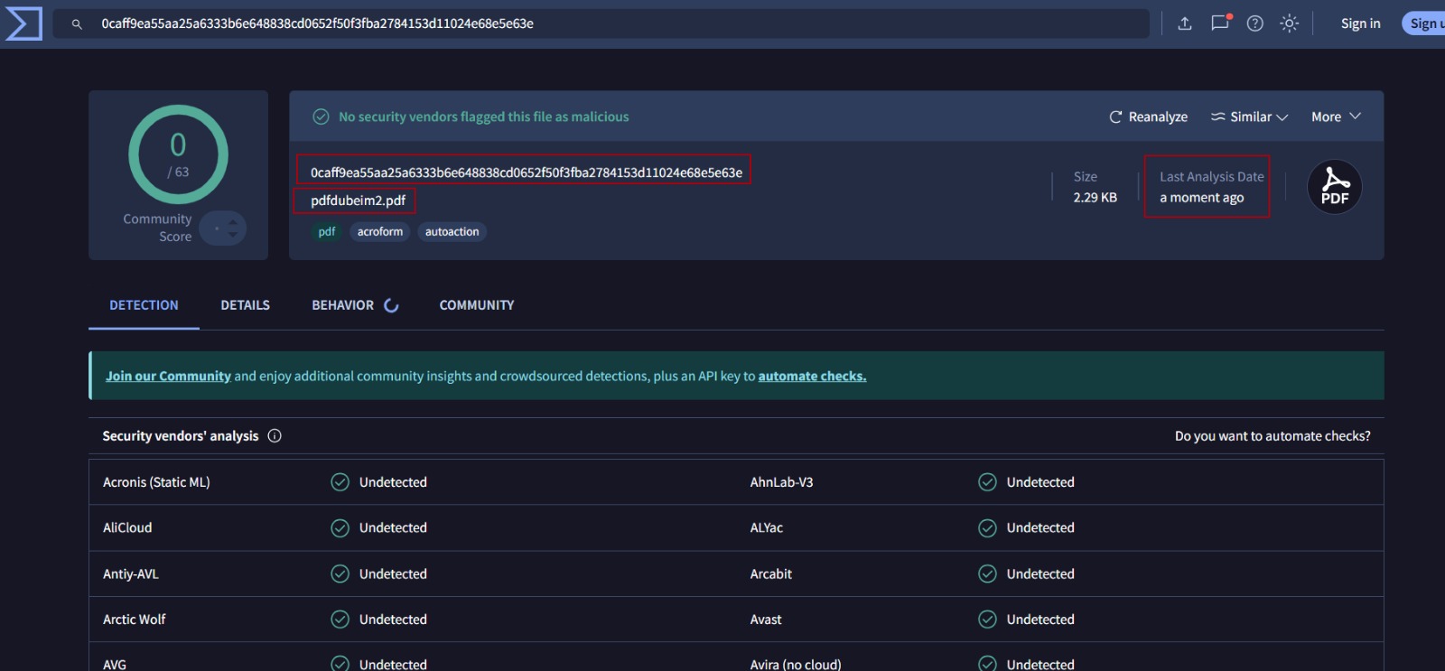 VirusTotal showing 0/63 detections
